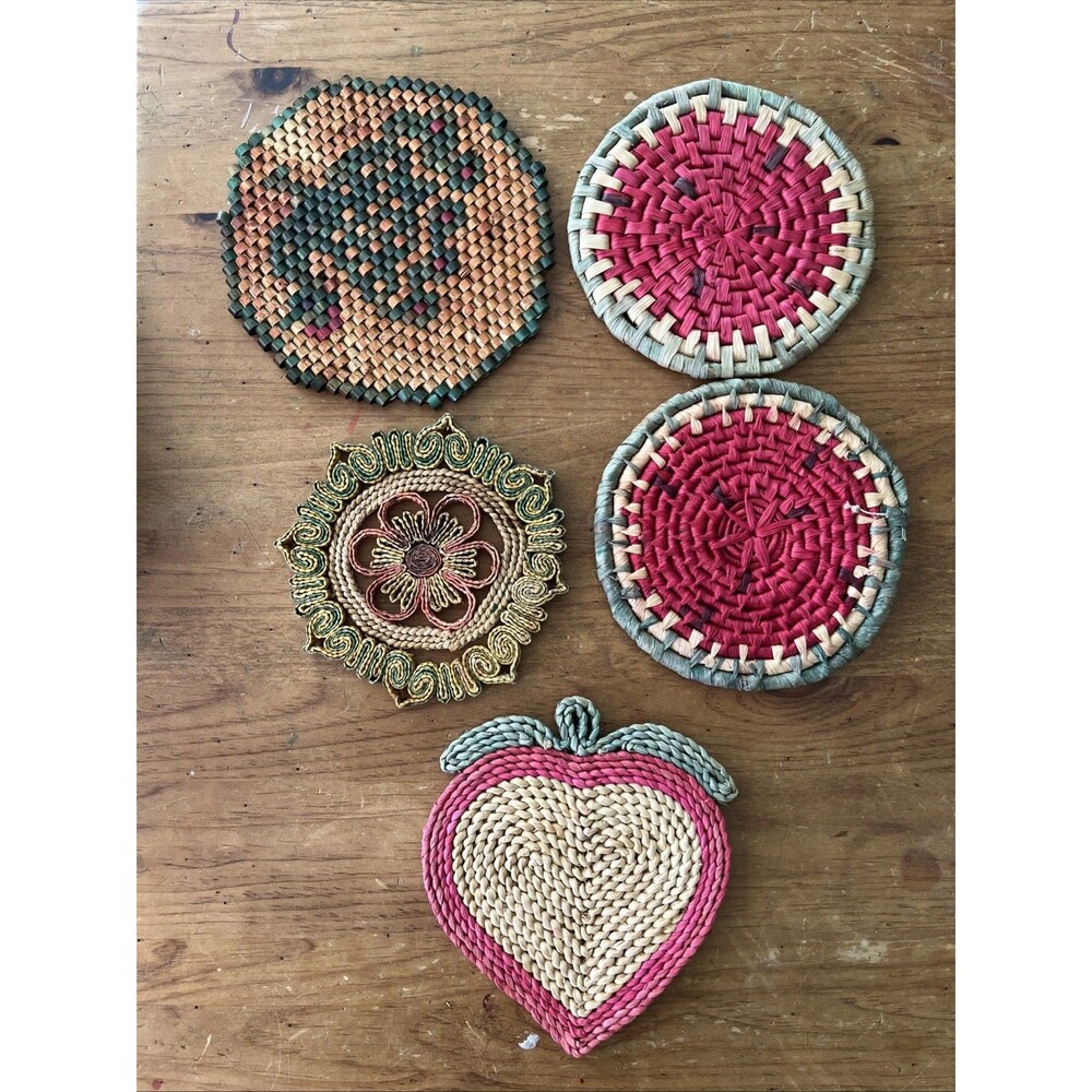 5 Vtg Raffia Straw Wicker Wood Rattan Trivets Hot Pad Wall Decor Boho 5 Colorful